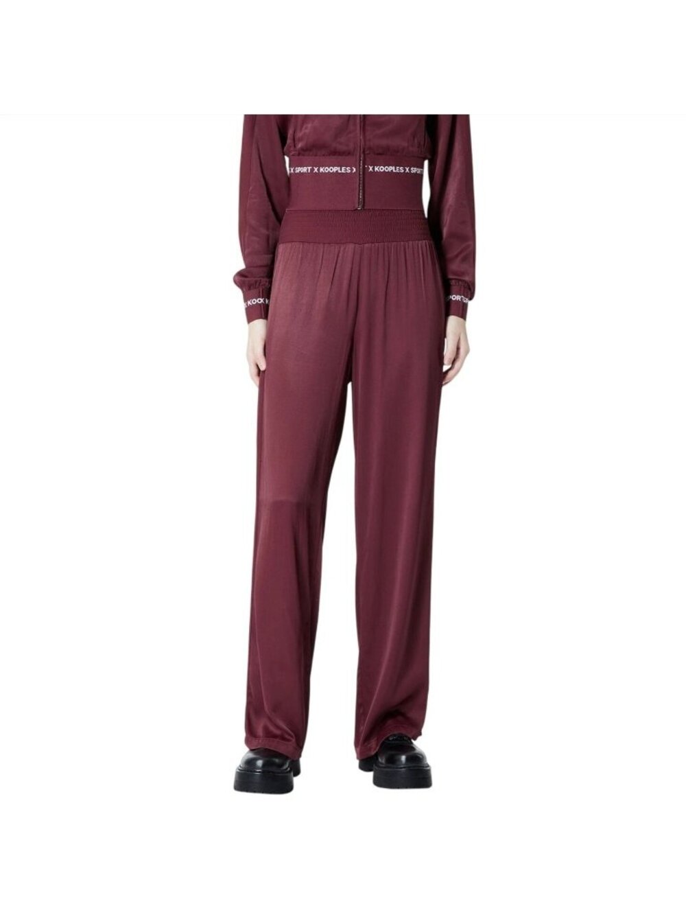 Kooples X Sport Burgundy Wide Leg Pants In Flowing Fabric With Elastic Waist